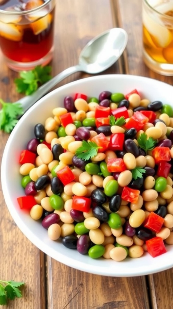 A refreshing five bean salad with kidney, black, garbanzo, green, and cannellini beans, garnished with red bell pepper and parsley on a wooden table.